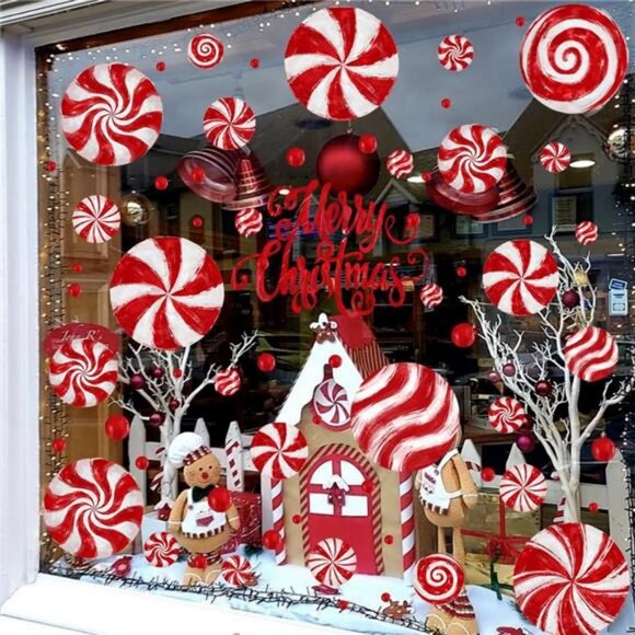 8 Sheets Christmas Window Clings, Oil Painting Christmas Red Candy Stickers - Picture 2 of 8